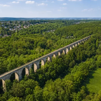 Aqueduc de Buc traversant la forêt des Yvelines, village résidentiel en arrière-plan, marché immobilier 2026