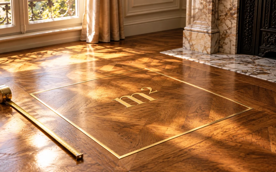 Mètre carré délimité en laiton doré sur un parquet Versailles, symbole du prix au m² à Versailles