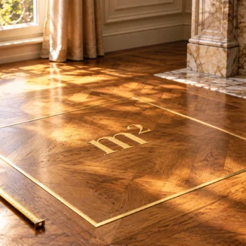 Mètre carré délimité en laiton doré sur un parquet Versailles, symbole du prix au m² à Versailles