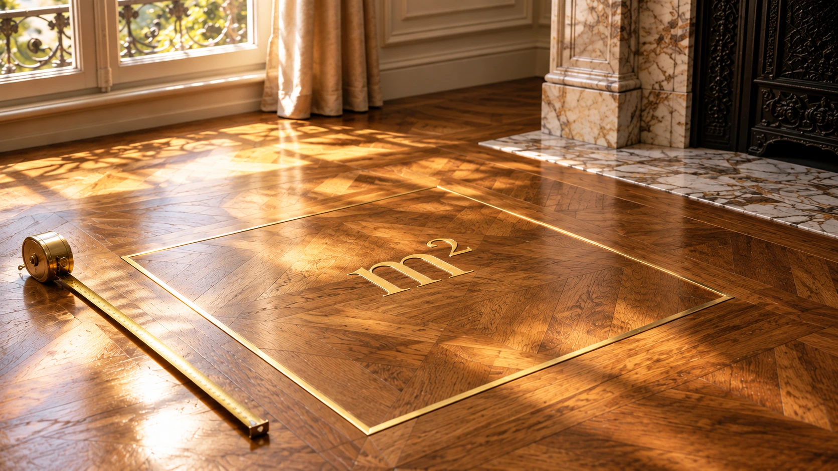 Mètre carré délimité en laiton doré sur un parquet Versailles, symbole du prix au m² à Versailles