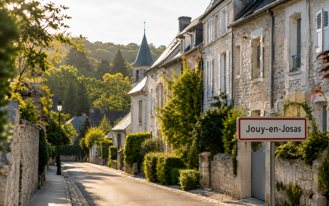 Rue résidentielle arborée de Jouy-en-Josas dans les Yvelines avec maisons de village en pierre, illustration du marché immobilier 2026
