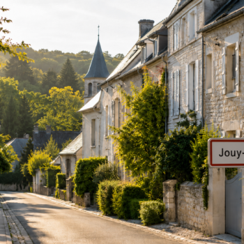 Rue résidentielle arborée de Jouy-en-Josas dans les Yvelines avec maisons de village en pierre, illustration du marché immobilier 2026