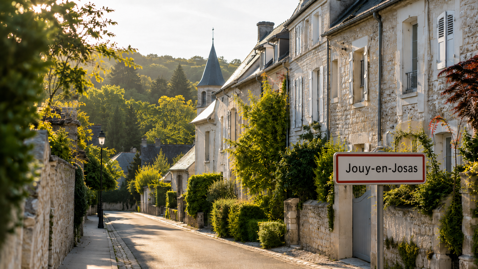 Rue résidentielle arborée de Jouy-en-Josas dans les Yvelines avec maisons de village en pierre, illustration du marché immobilier 2026